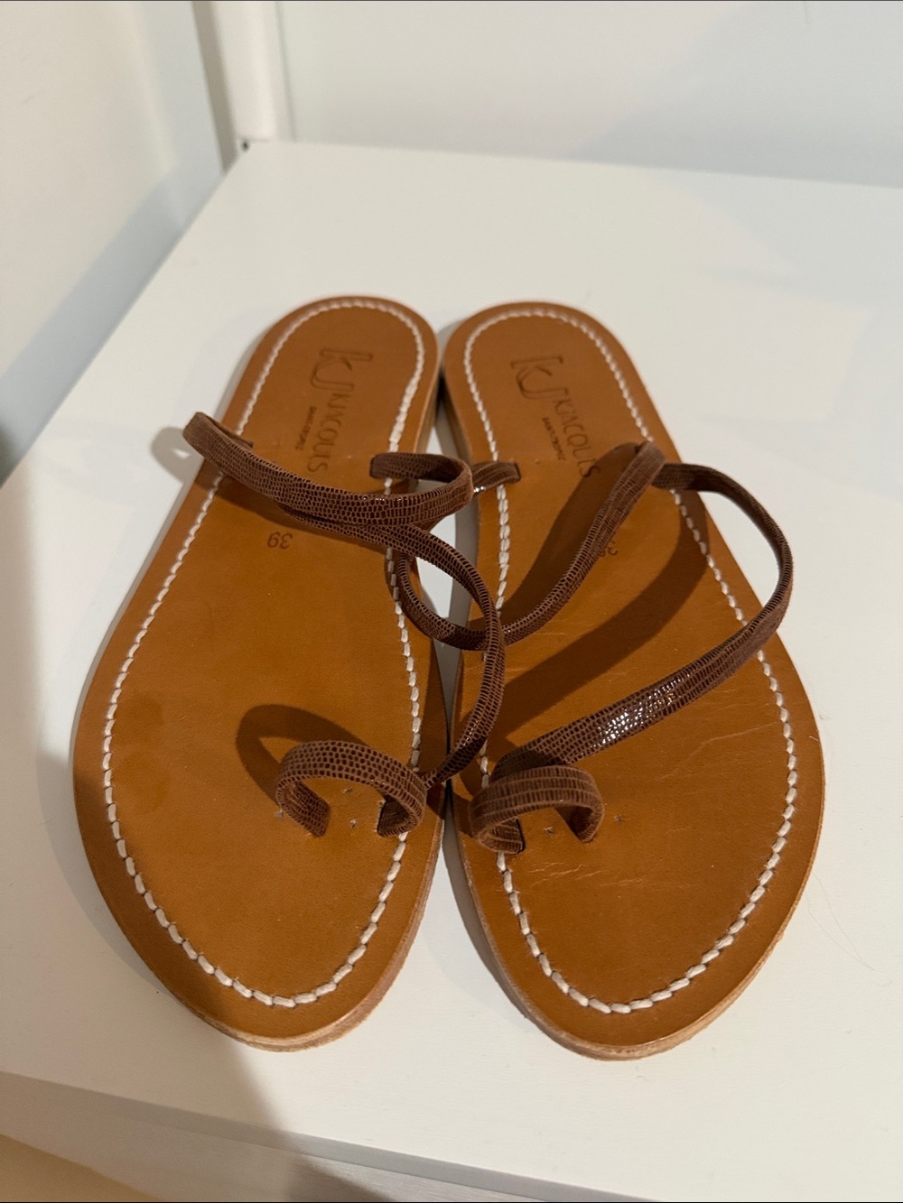 K.Jacques Brown Leather Toe-Loop Sandals